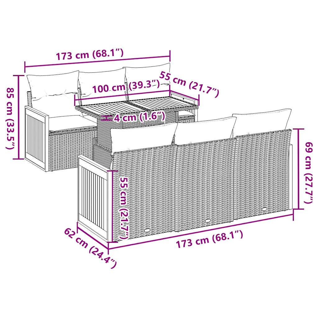 7 pcs conjunto sofás jardim com almofadões vime PE/acácia bege