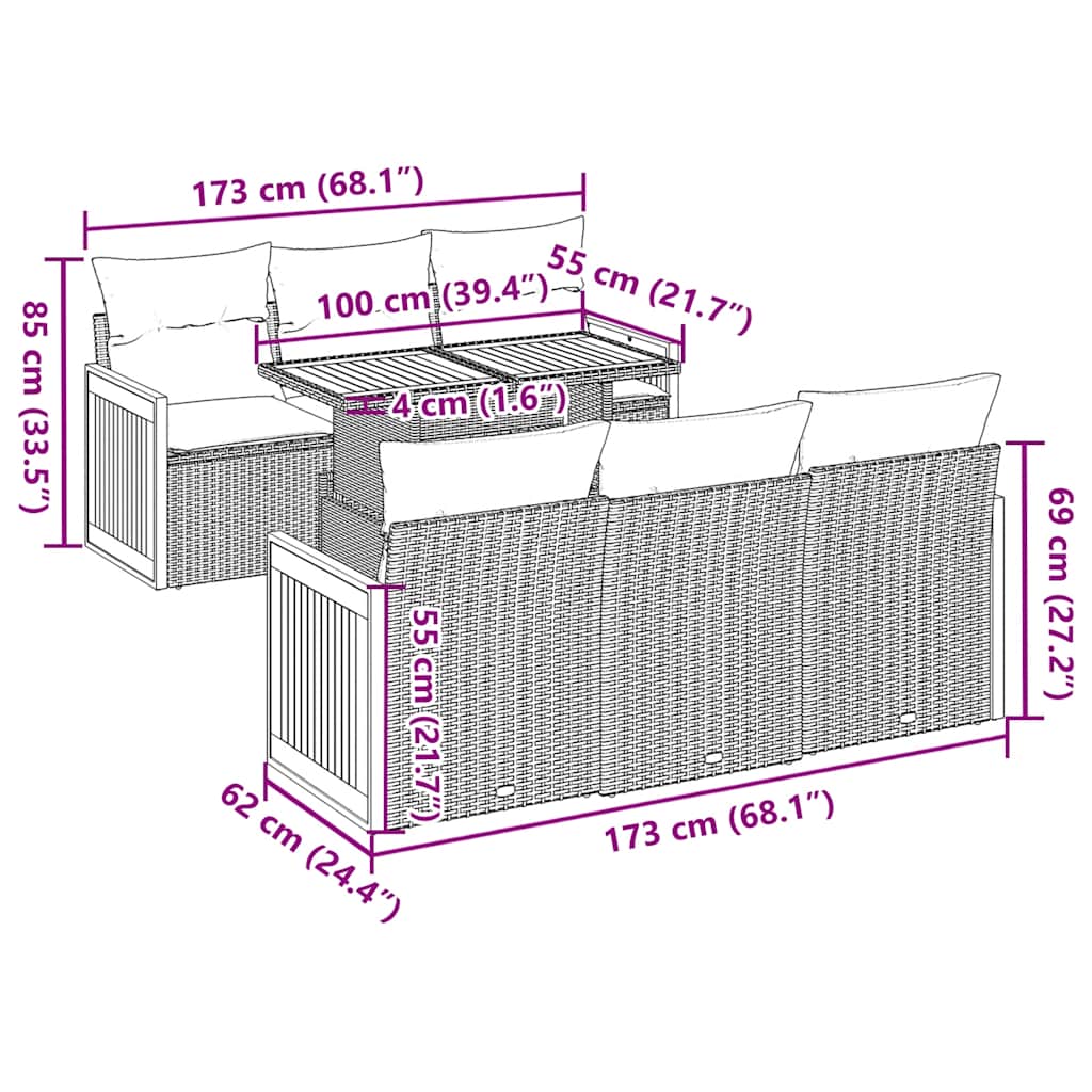 7 pcs conjunto sofás jardim com almofadões vime PE/acácia bege