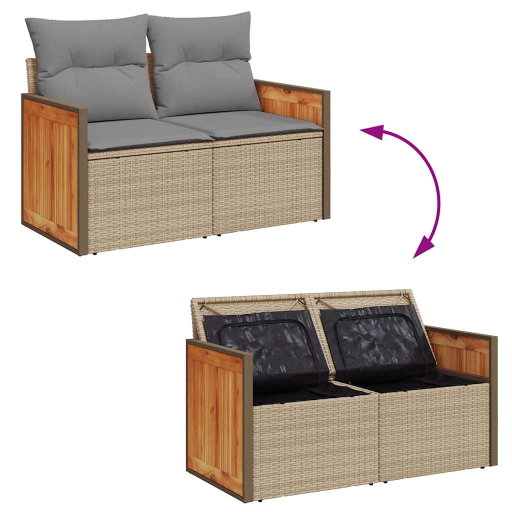 7 pcs conjunto sofás jardim com almofadões vime PE/acácia bege