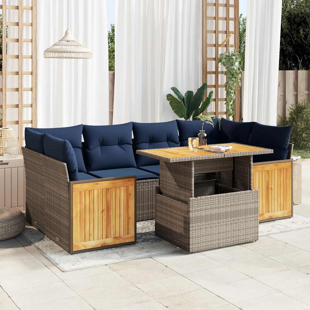 7 pcs conjunto sofás jardim almofadões vime PE/acácia cinzento