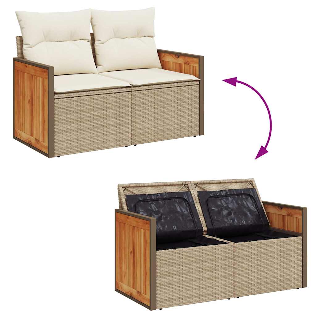 7 pcs conjunto sofás jardim com almofadões vime PE/acácia bege