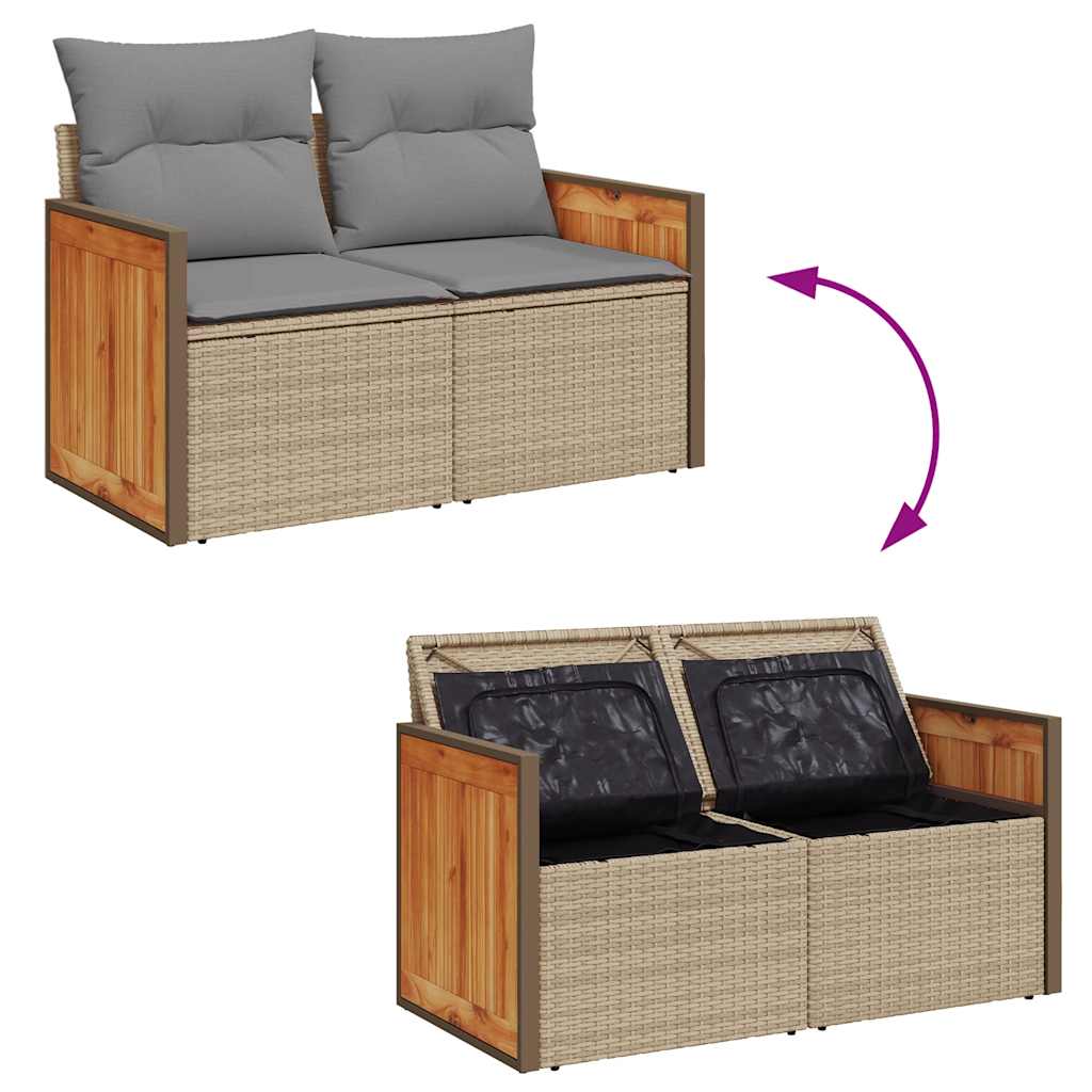 7 pcs conjunto sofás jardim com almofadões vime PE/acácia bege