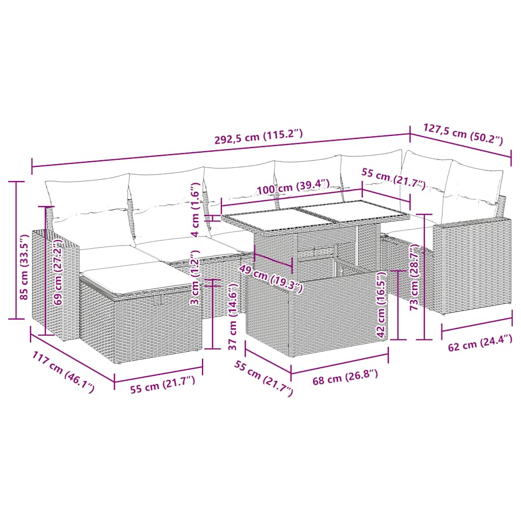 8 pcs conjunto sofás de jardim com almofadões vime PE preto