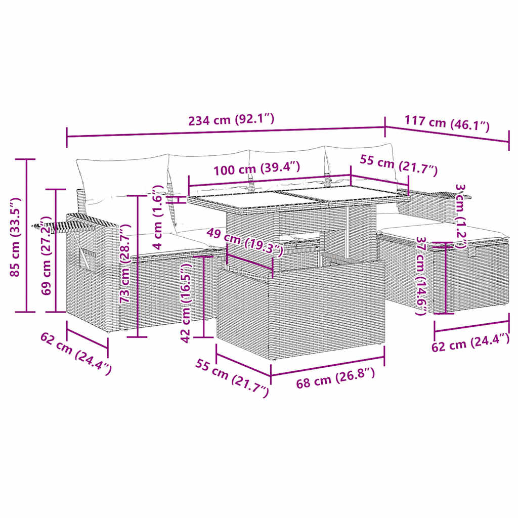 6 pcs conjunto de sofás p/ jardim com almofadões vime PE bege