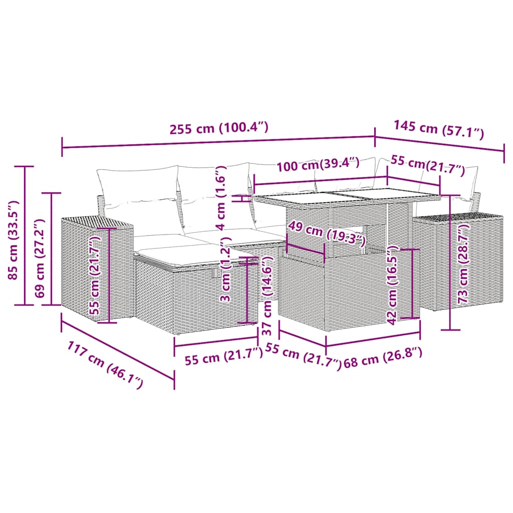 8 pcs conjunto sofás de jardim com almofadões vime PE preto