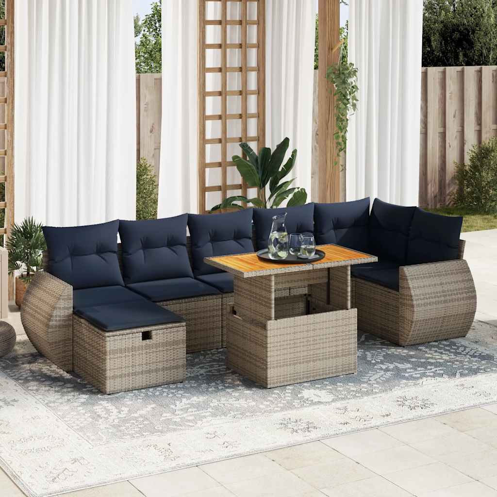 8 pcs conjunto sofás jardim almofadões vime PE/acácia cinzento