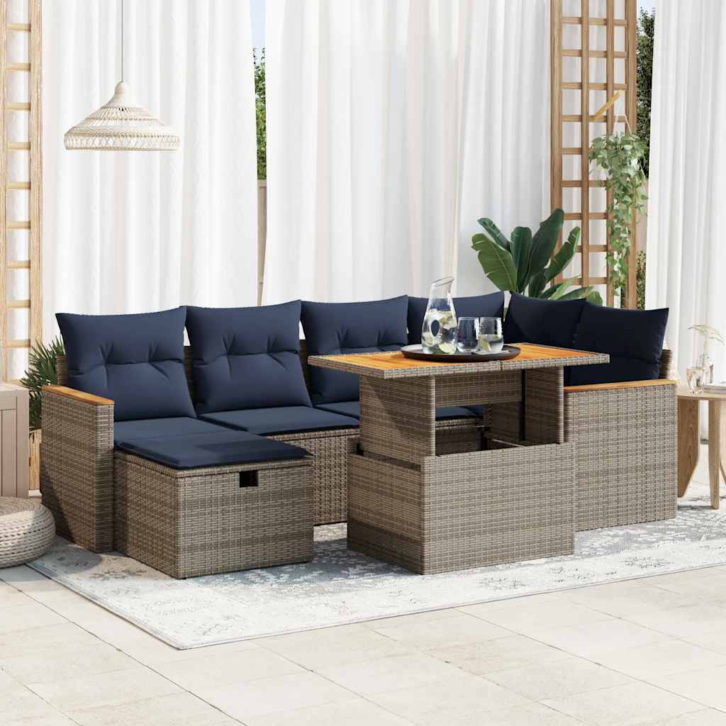 7 pcs conjunto sofás jardim c/ almofadões vime PE/acácia cinzento