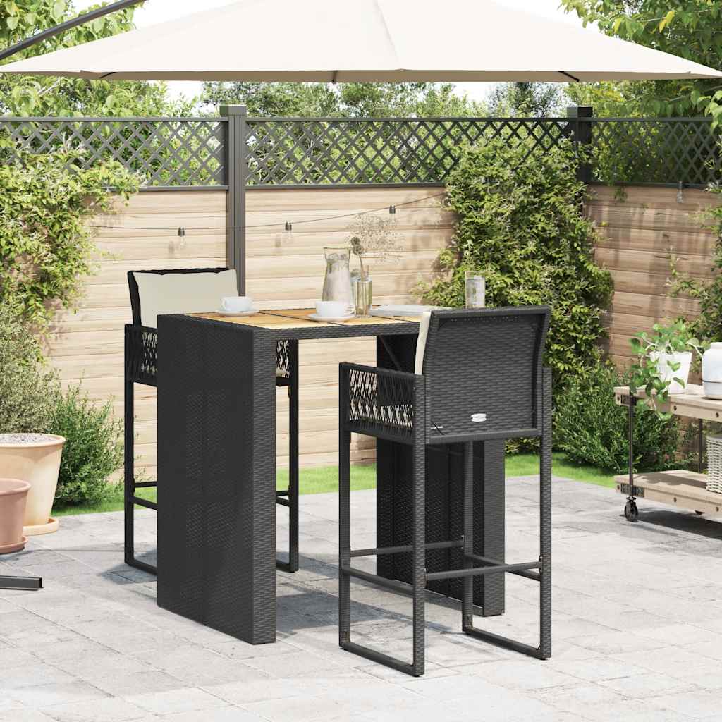 3 pcs conjunto de bar jardim c/ almofadões vime PE/acácia preto