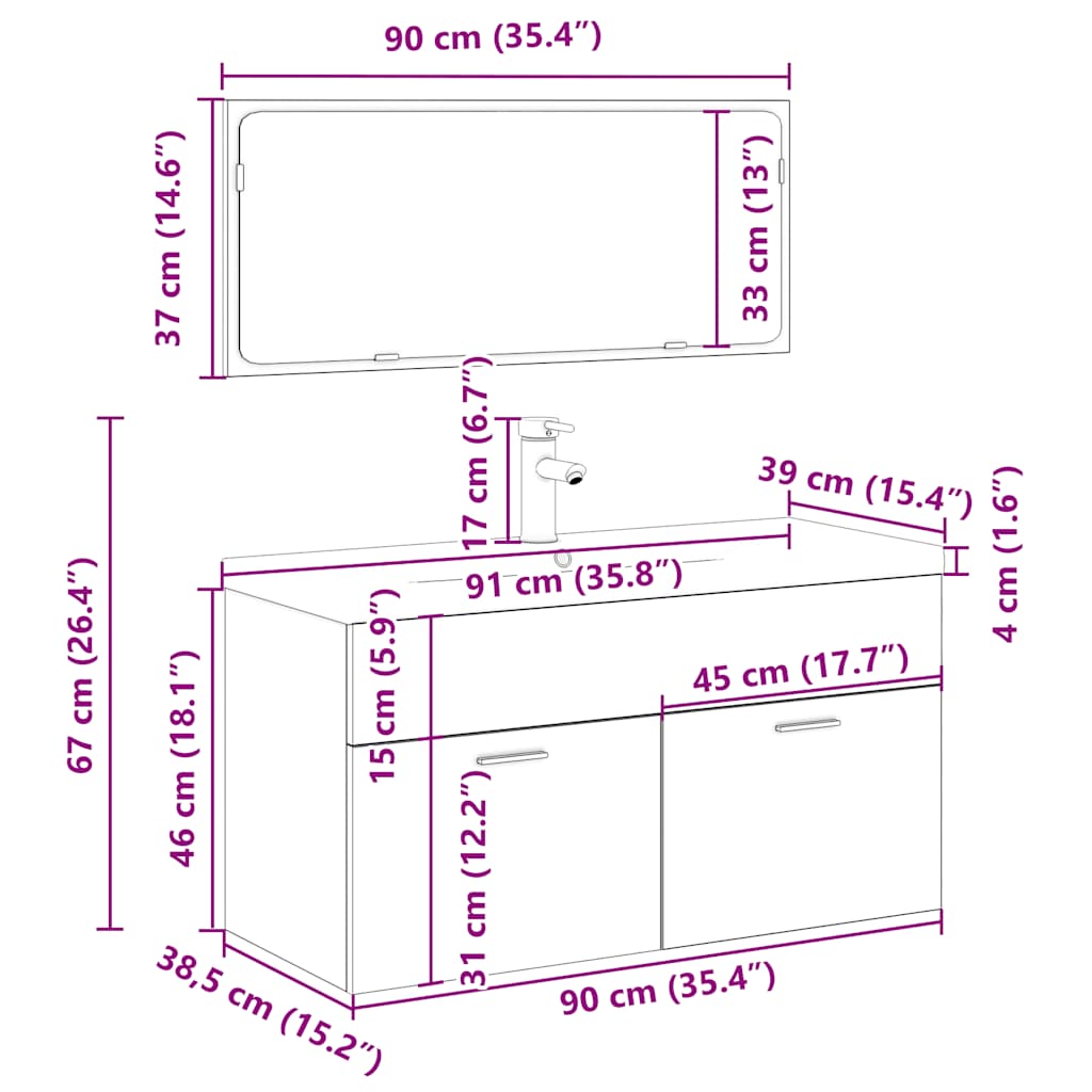 3 pcs conj. móveis casa banho derivados madeira madeira velha