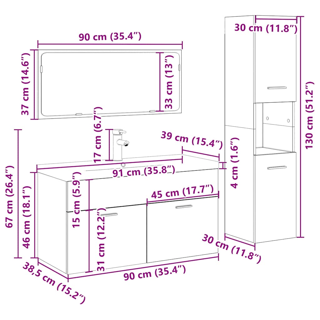 4 pcs conj. móveis casa banho derivados madeira madeira velha