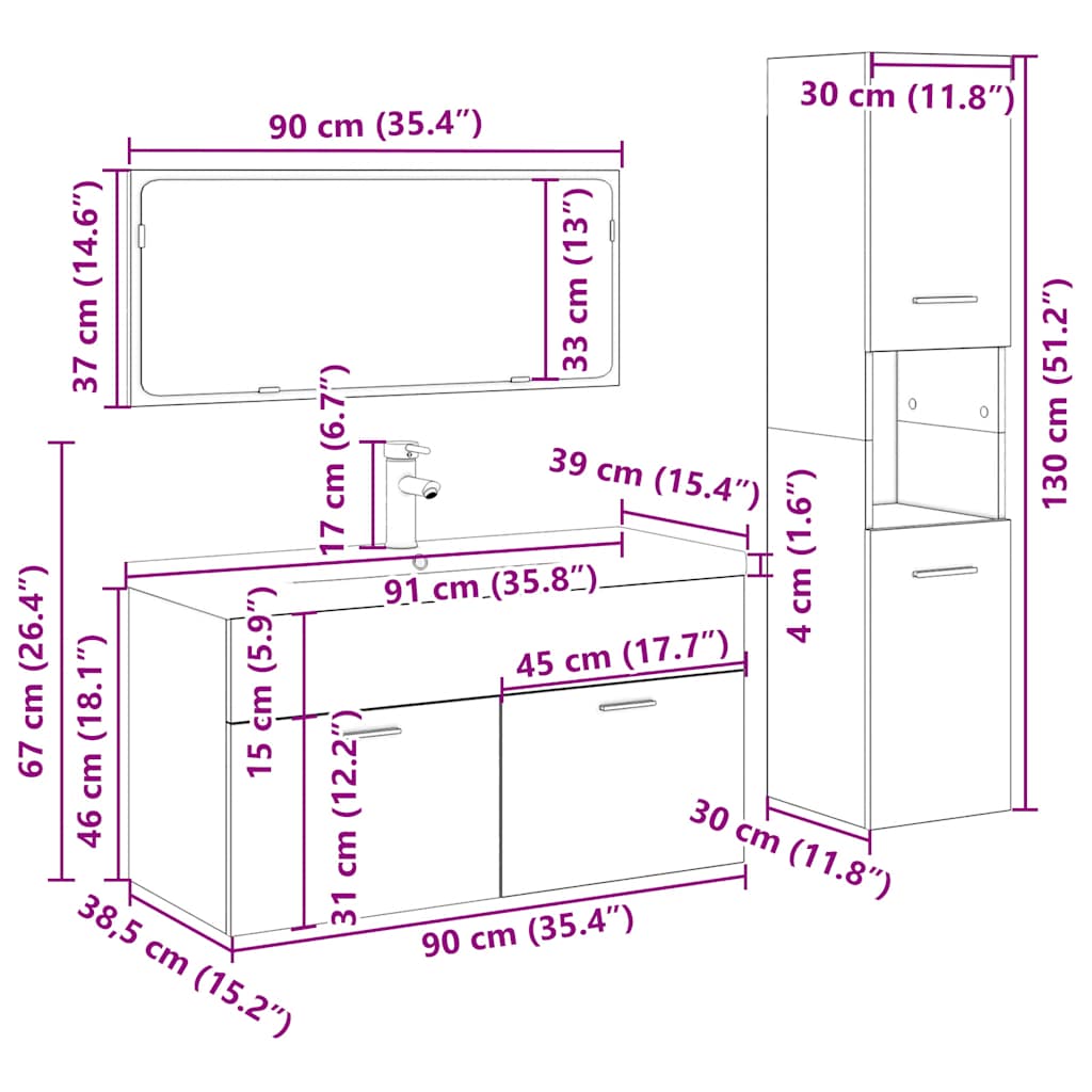 4 pcs móveis de casa de banho deriv. madeira carvalho artisiano