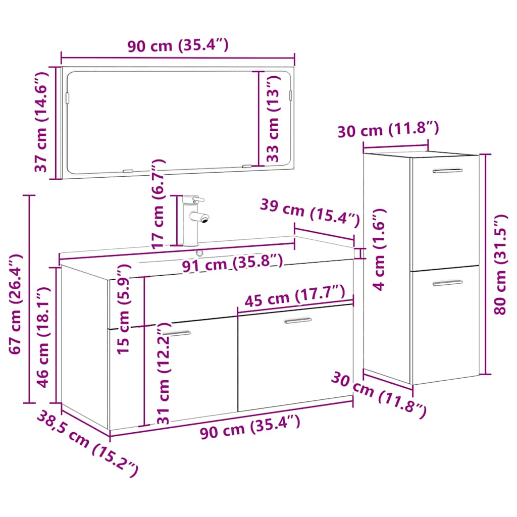 4 pcs conj. móveis casa banho derivados madeira madeira velha