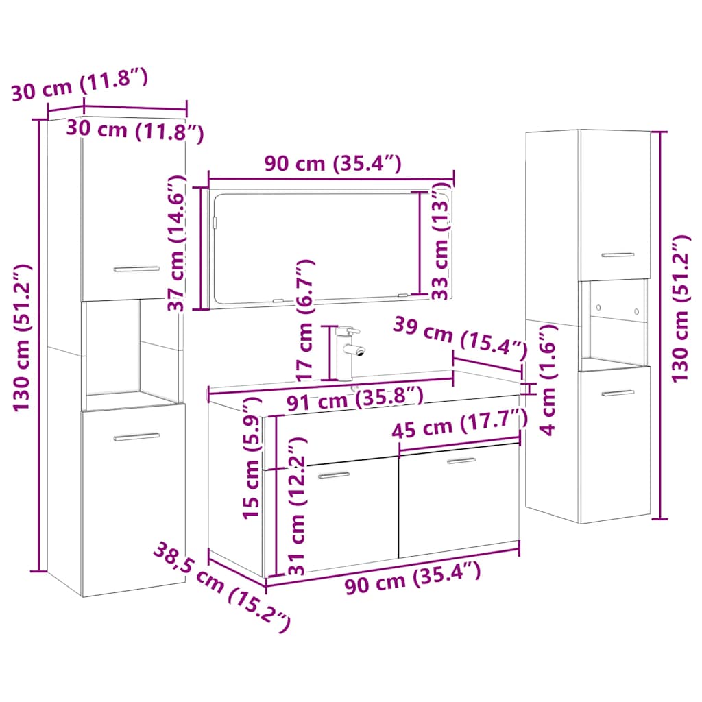 5 pcs conj. móveis casa banho derivados madeira madeira velha