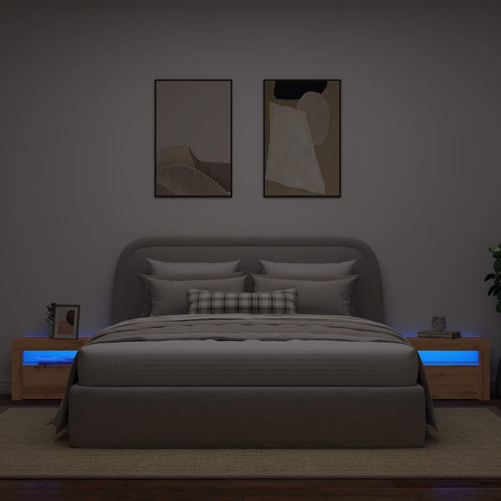 Mesas cabeceira c/ LEDs 2 pcs 60x35x40 cm carvalho artesanal