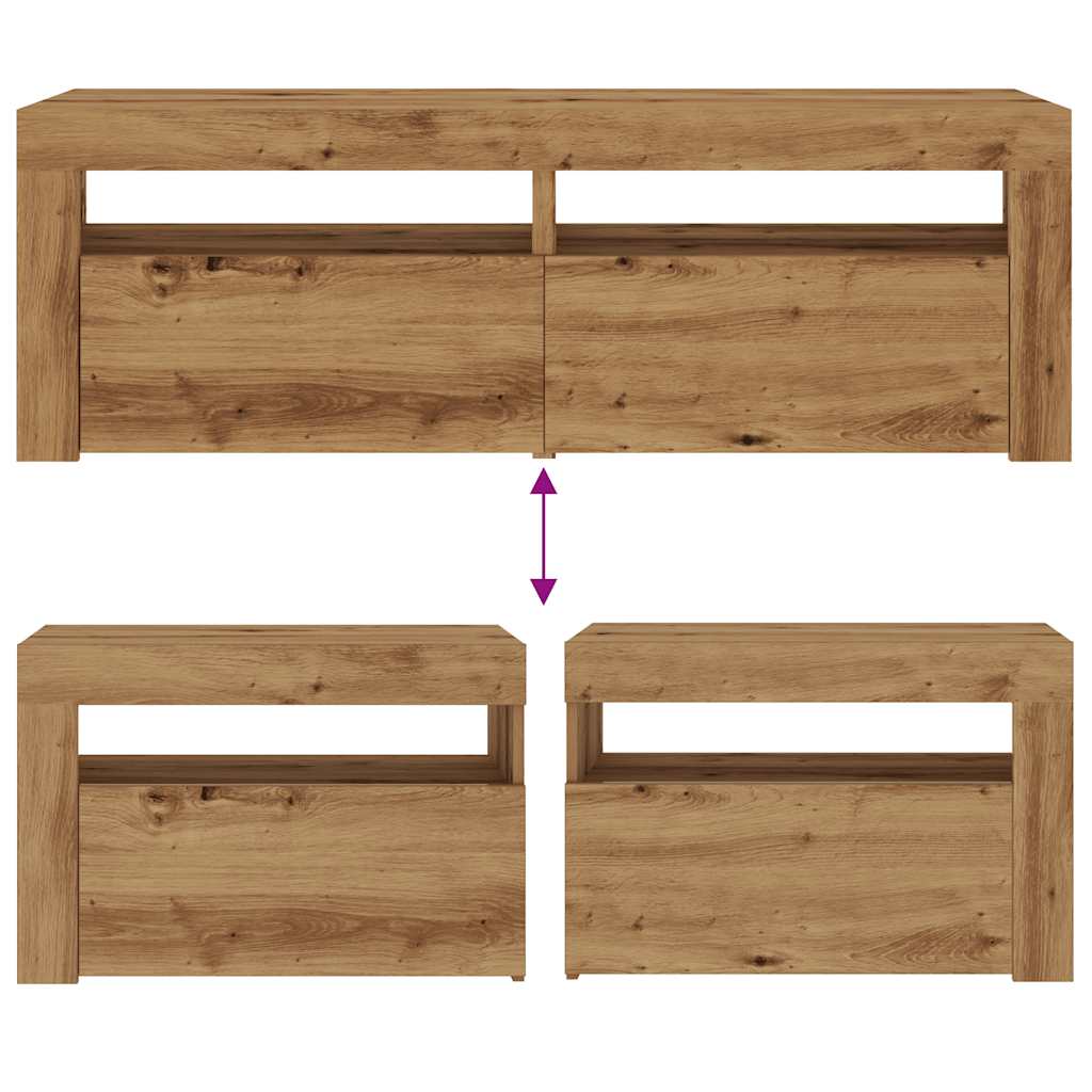 Mesas cabeceira c/ LEDs 2 pcs 60x35x40 cm carvalho artesanal