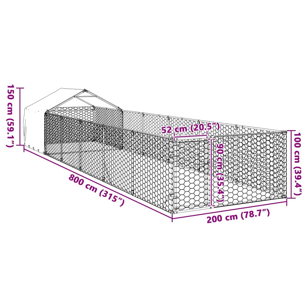 Canil exterior para cães com corredor 8x2x1,5 m aço galvanizado