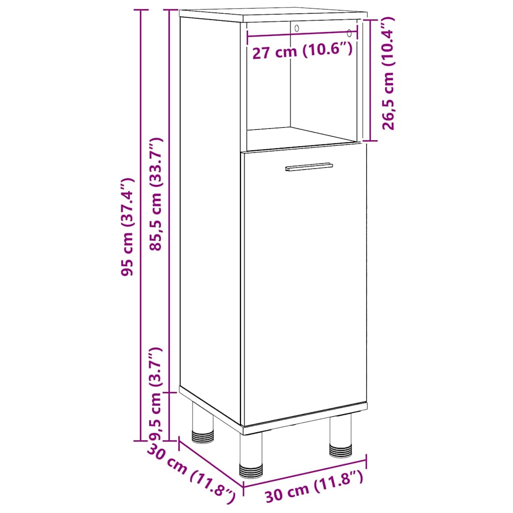 Armário de Banheiro com porta Carvalho Preto 30 x 30 x 95 cm