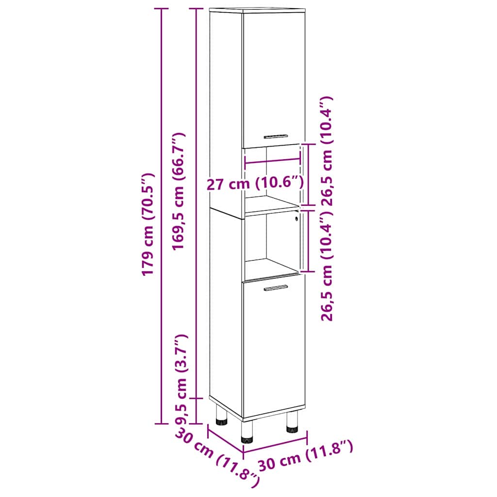 Armário de Banheiro com porta Carvalho Preto 30 x 30 x 179 cm