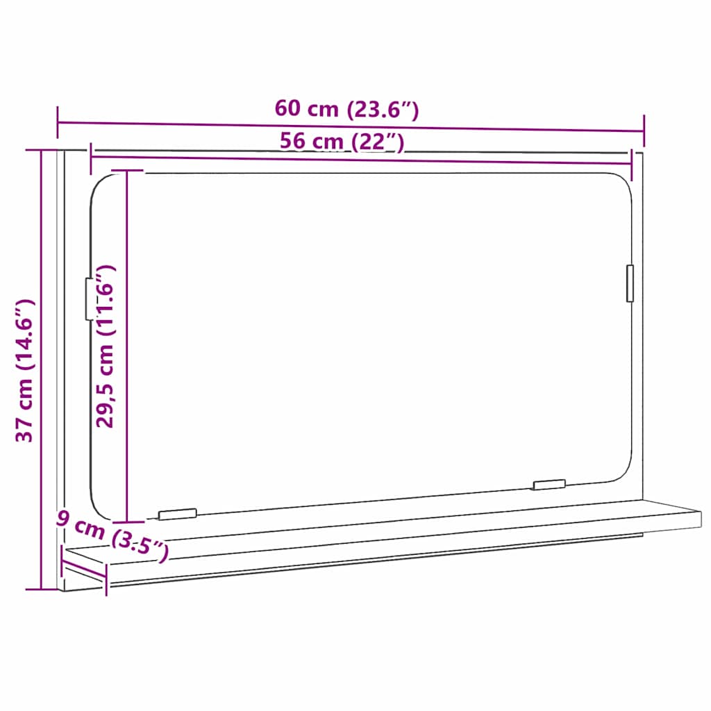 Prateleira com Espelho Carvalho Preto 60 x 10,5 x 37 cm