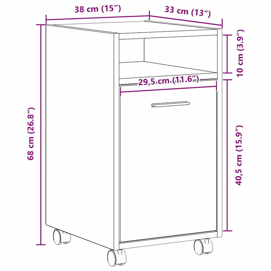 Armário Lateral com Rodinhas Carvalho Preto 33 x 38 x 60 cm