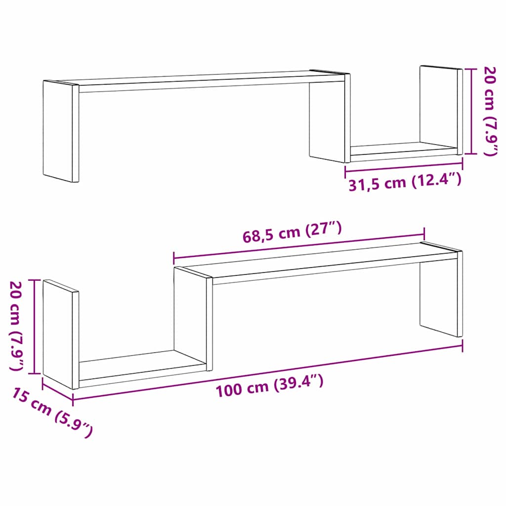 Prateleira de Parede 2 pcs Carvalho preto 100 x 15 x 20 cm