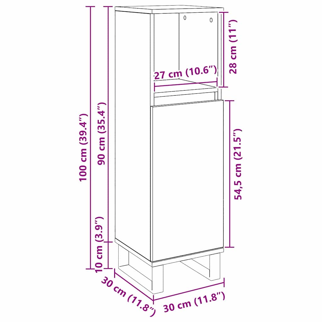 Armário de Banheiro com porta Carvalho Preto 30 x 30 x 100 cm
