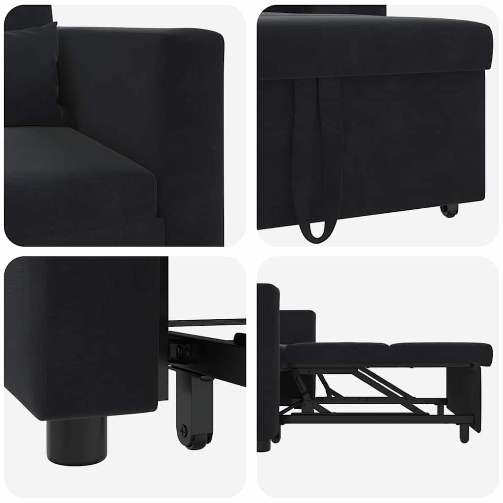 Sofá cama single com rodas Preto 90 x 165 x 87 cm Veludo