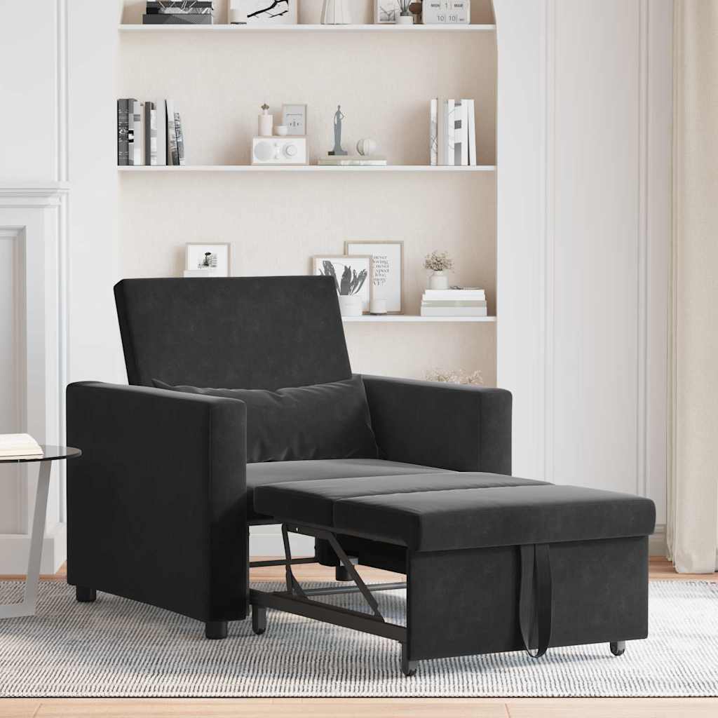 Sofá cama single com rodas Preto 90 x 165 x 87 cm Veludo