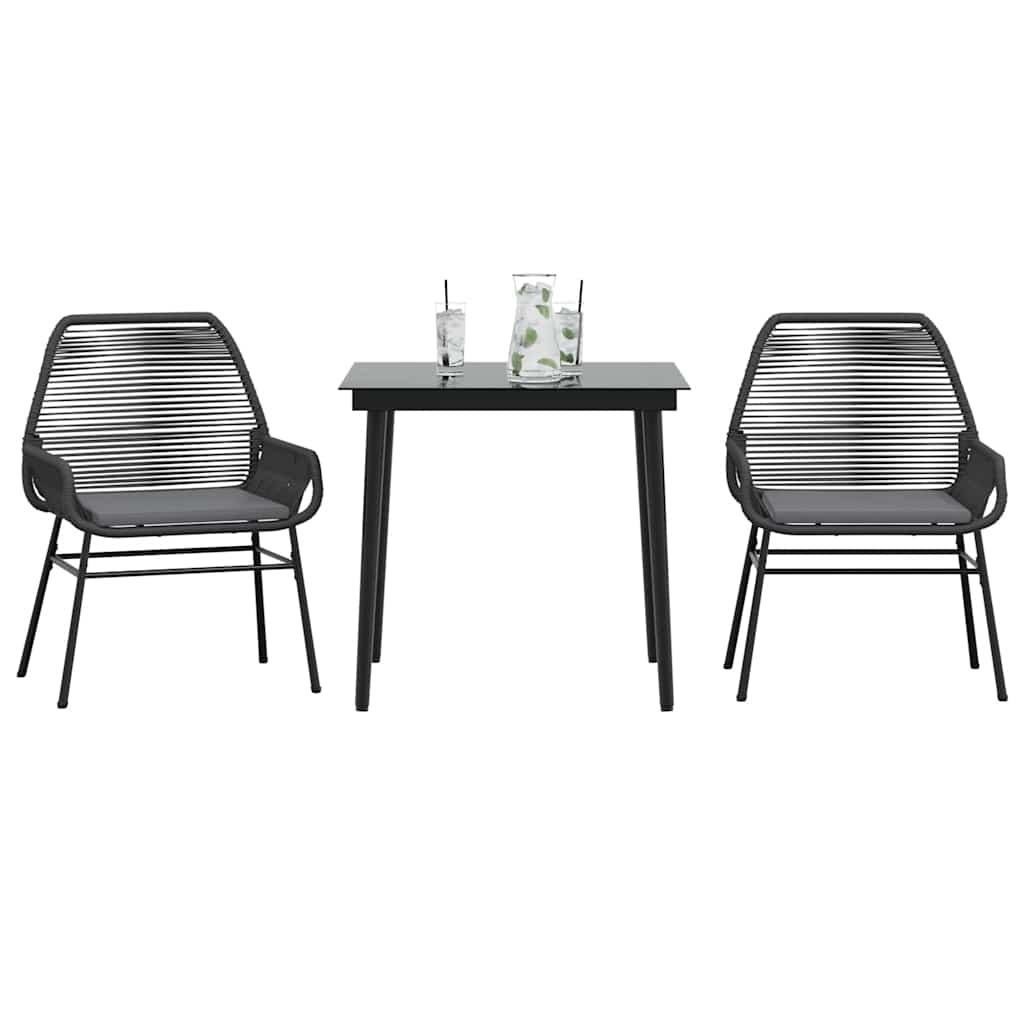 3 pcs conjunto jantar jardim almofadões vime PE vidro preto