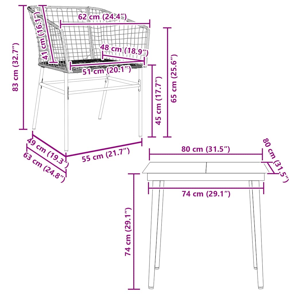 3 pcs conjunto de jantar para jardim vime PE vidro preto