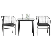 3 pcs conjunto jantar jardim almofadões vime PE vidro preto