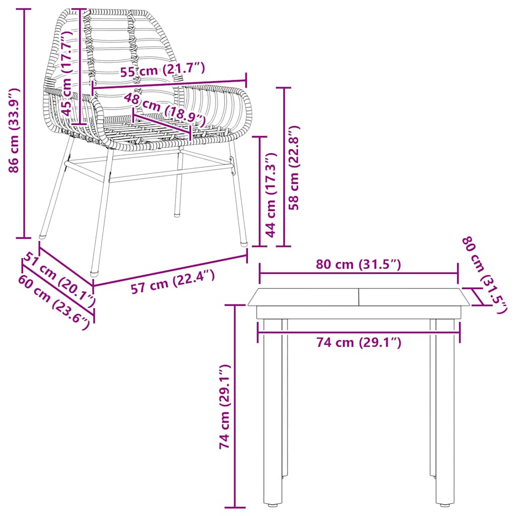 3 pcs conjunto de jantar para jardim vime PE vidro preto