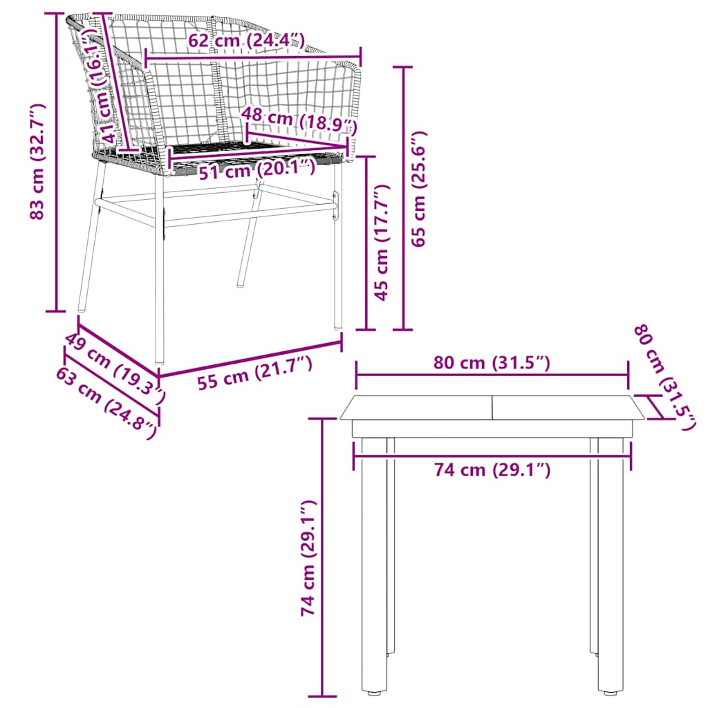 3 pcs conjunto de jantar para jardim vime PE vidro preto