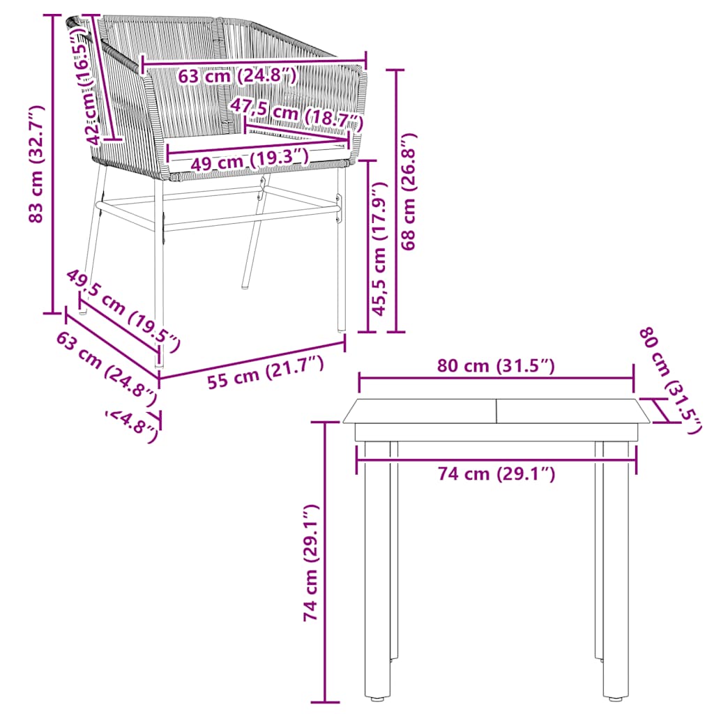 3 pcs conjunto jantar jardim almofadões vime PE vidro preto