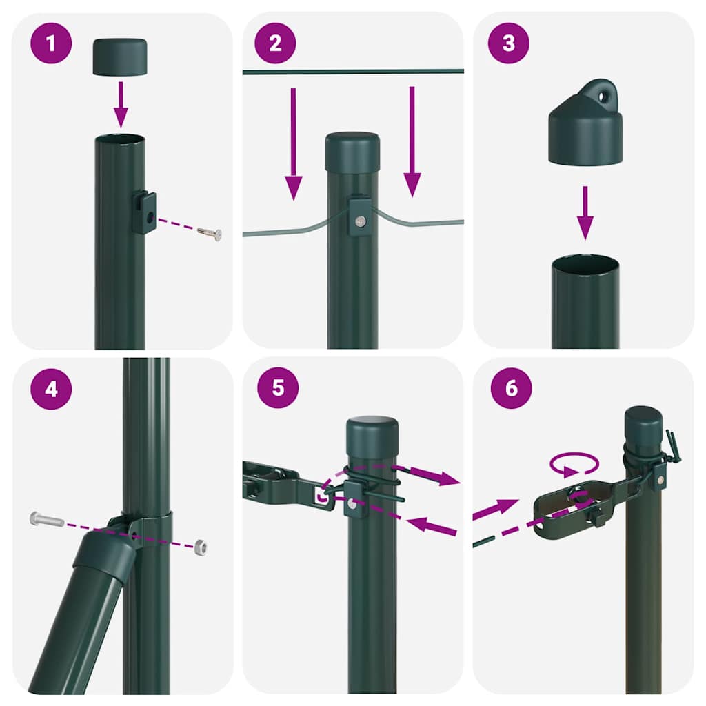 Postes de Cerca Manual 7 pcs Verde Ø32mm 120 cm Aço galvanizado