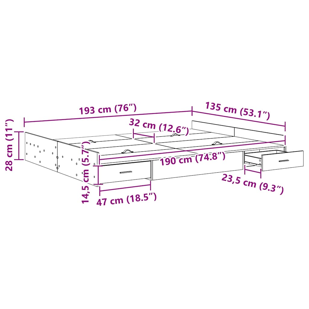 Estrutura de cama com arrumação Sonoma cinzento 135 x 190 cm