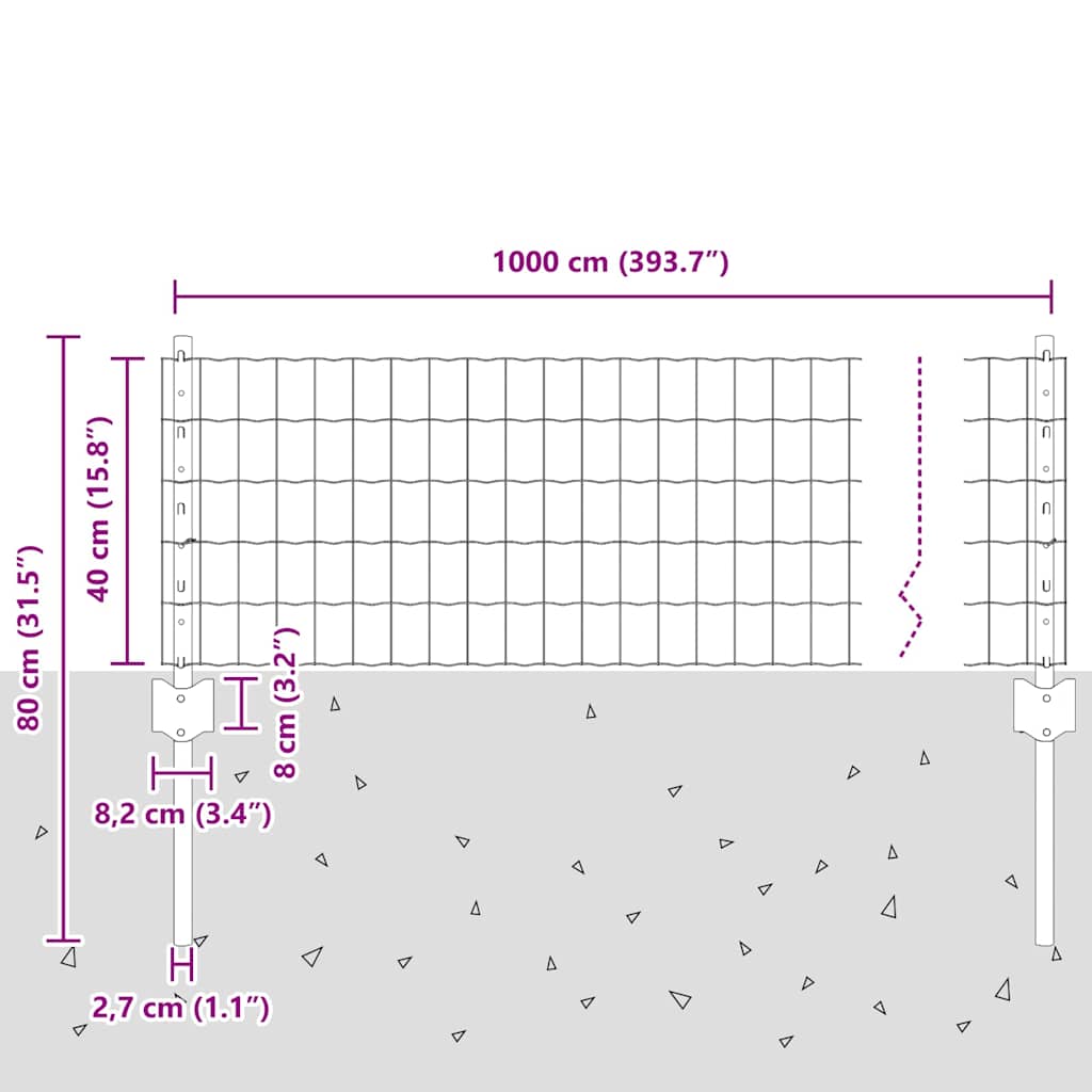 Cerca com Postes Prateado 0.4 x 10 m Aço