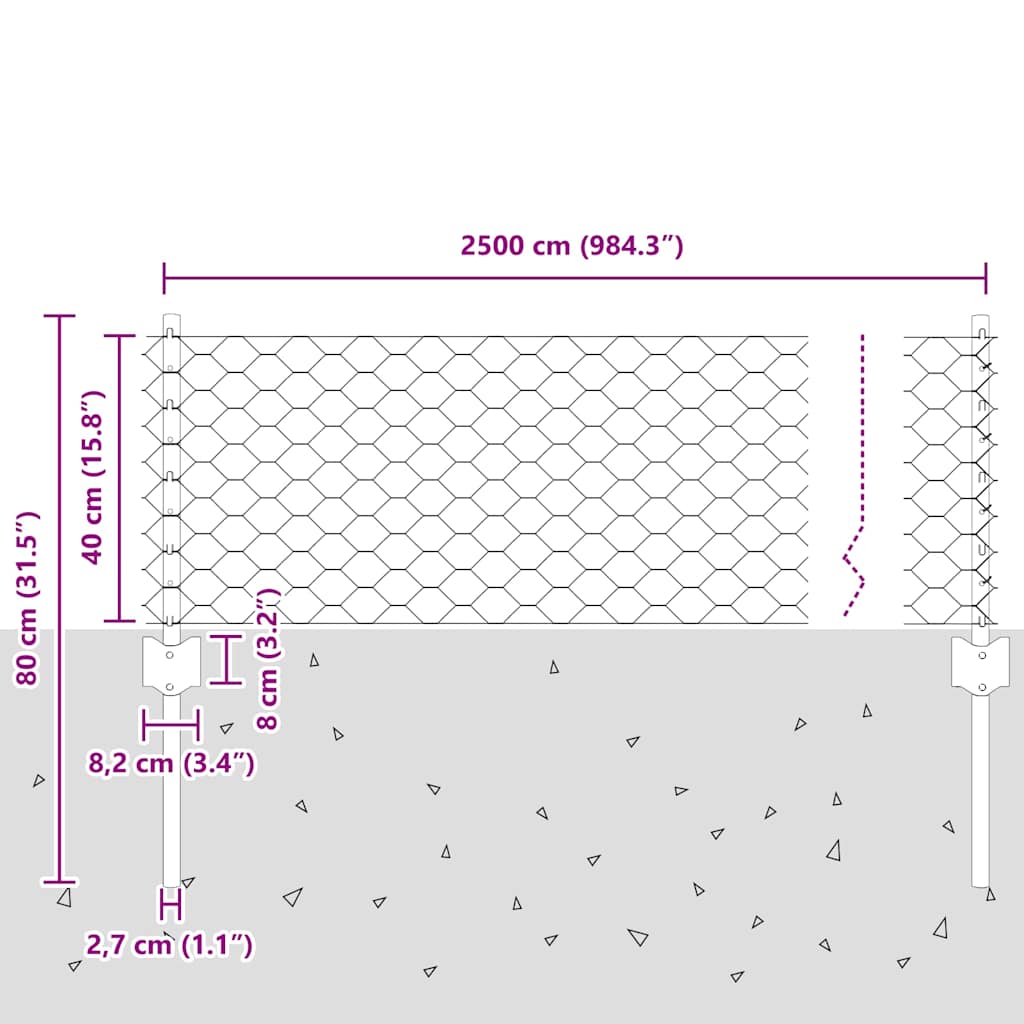 Cerca com Postes Cinzeto 0.4 x 25 m Aço