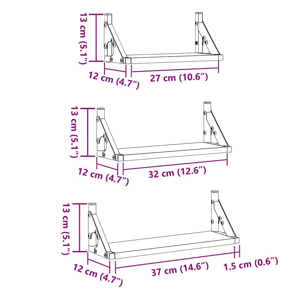 Conjunto de prateleiras de parede 3 pcs Carvalho preto