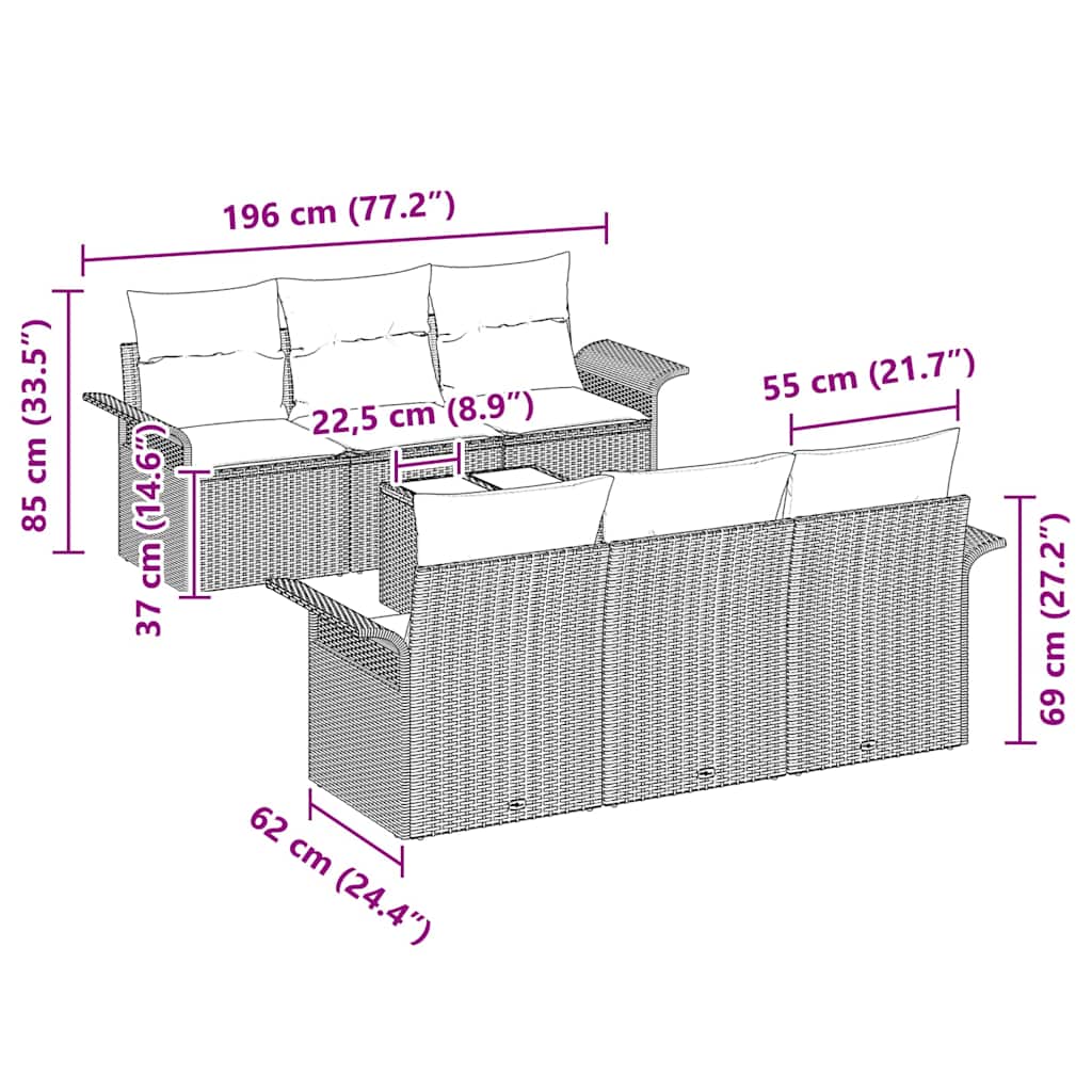 Conjunto de Sofá de Jardim com almofada 7 pcs Cinzeto vime PE