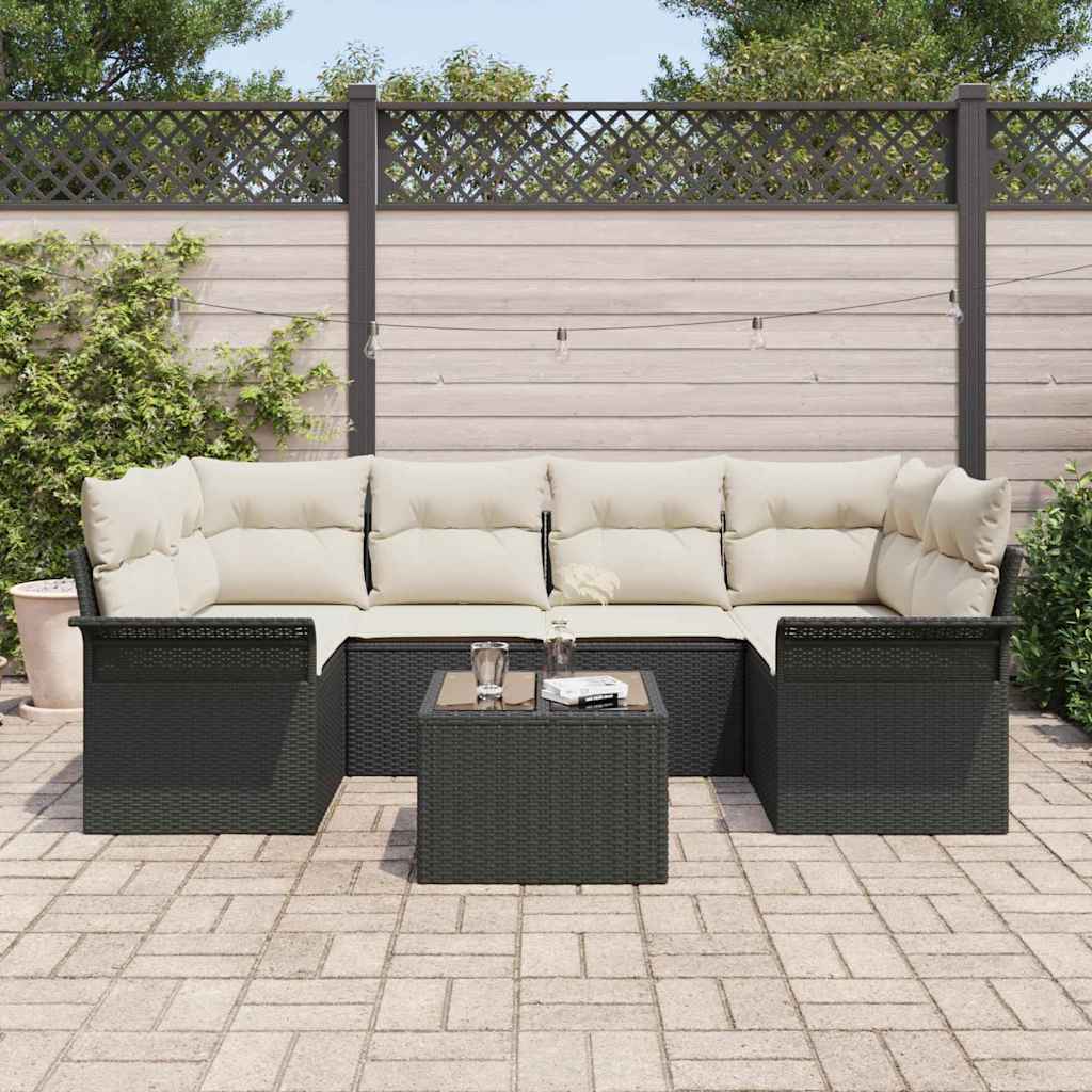 Conjunto de Sofá de Jardim com almofada 7 pcs Preto vime PE