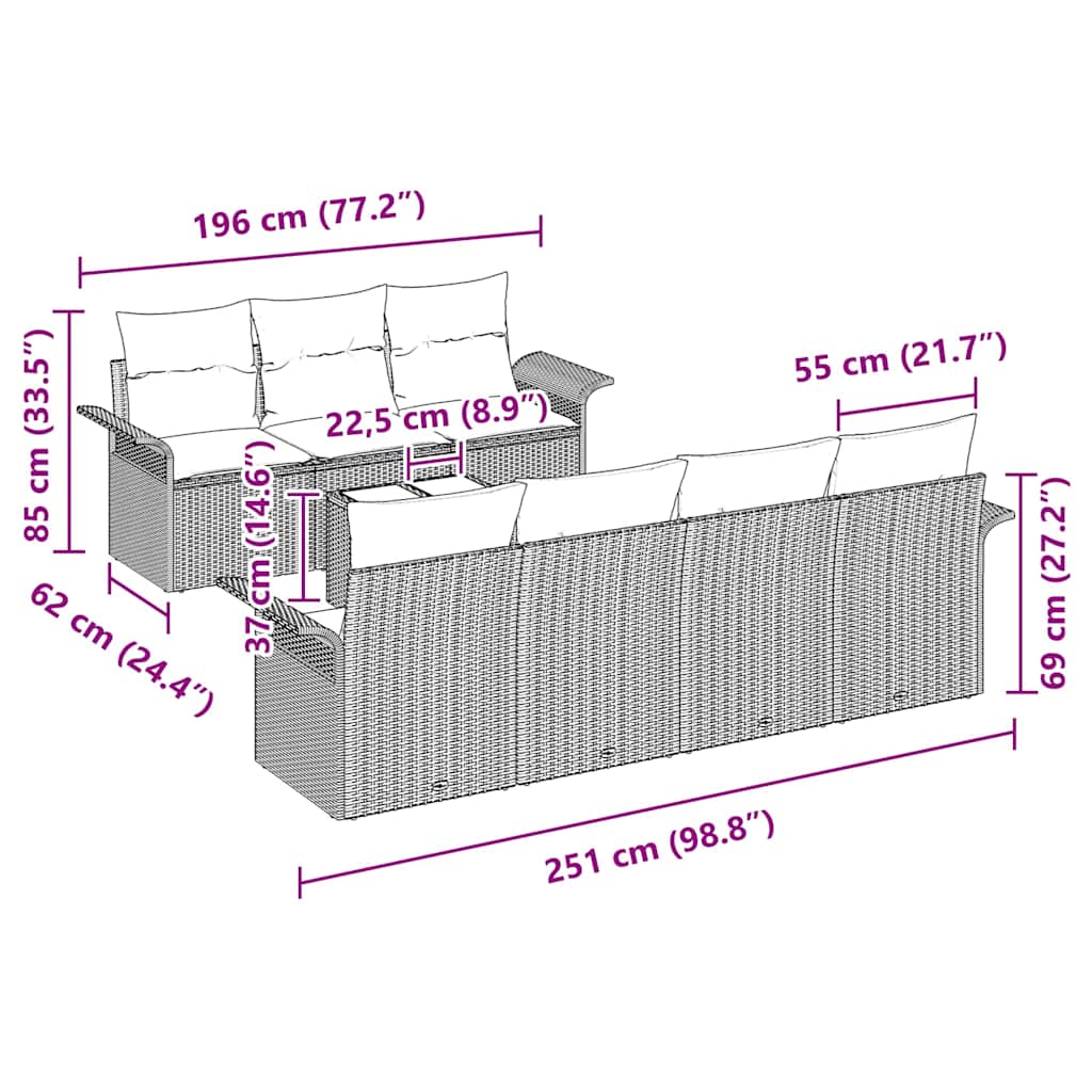 Conjunto de Sofá de Jardim com almofada 8 pcs Preto vime PE