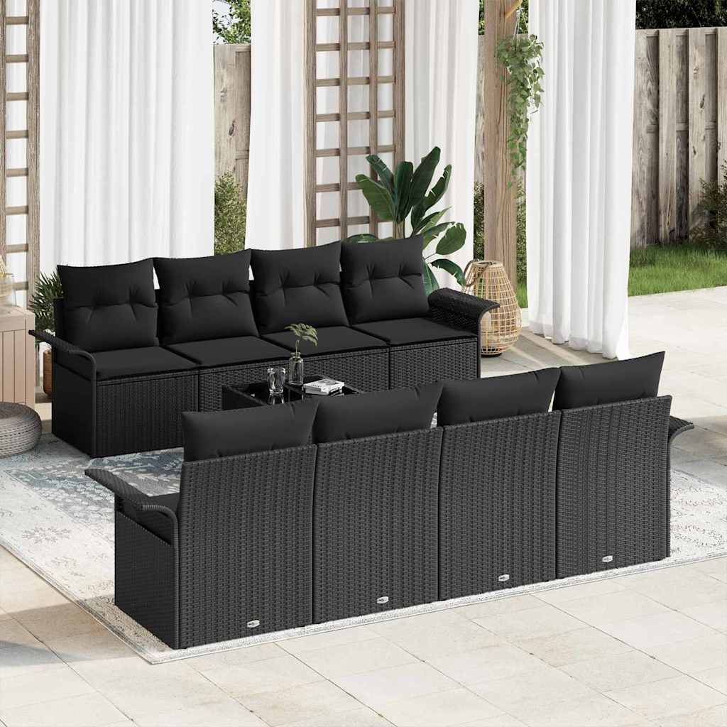 Conjunto de Sofá de Jardim com almofada 9 pcs Preto vime PE