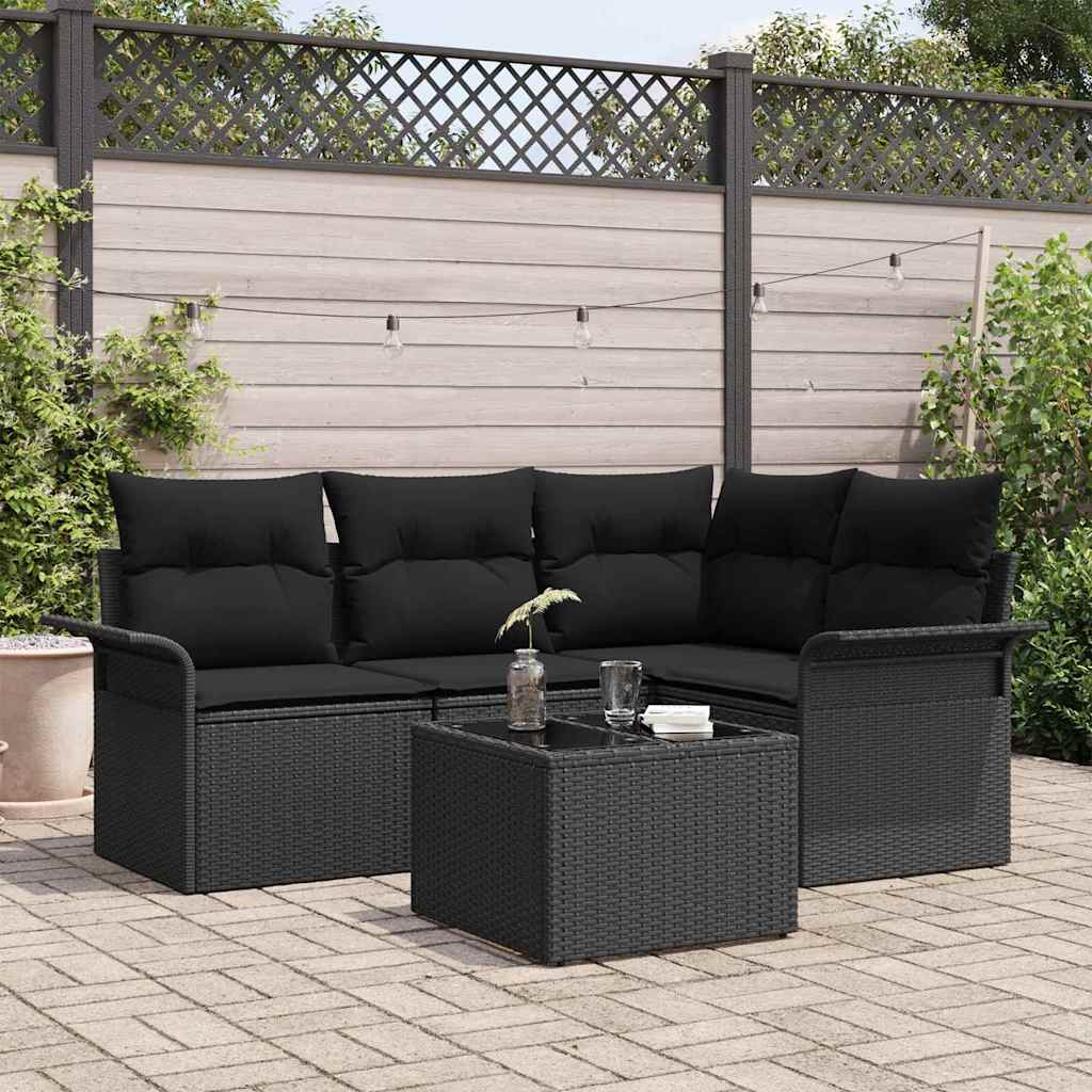 Conjunto de Sofá de Jardim com almofada 5 pcs Preto vime PE