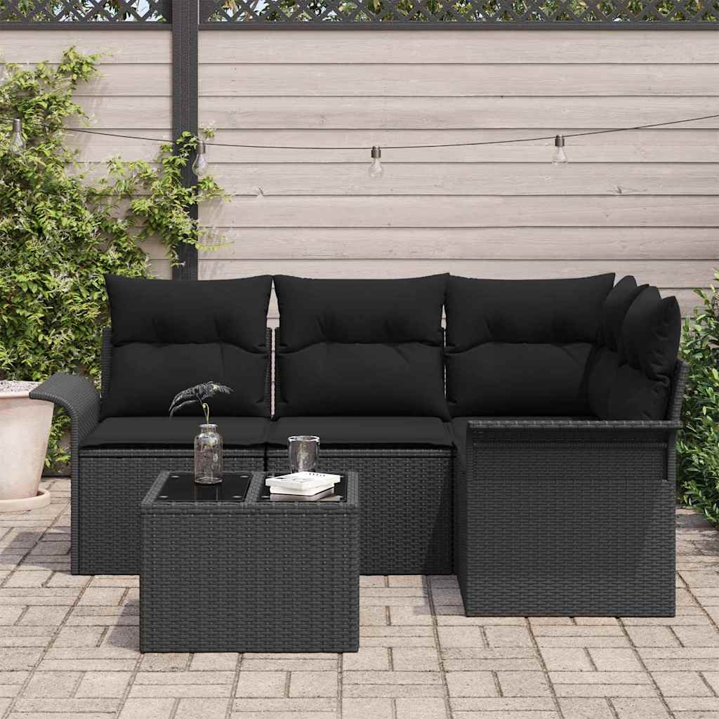 Conjunto de Sofá de Jardim com almofada 5 pcs Preto vime PE
