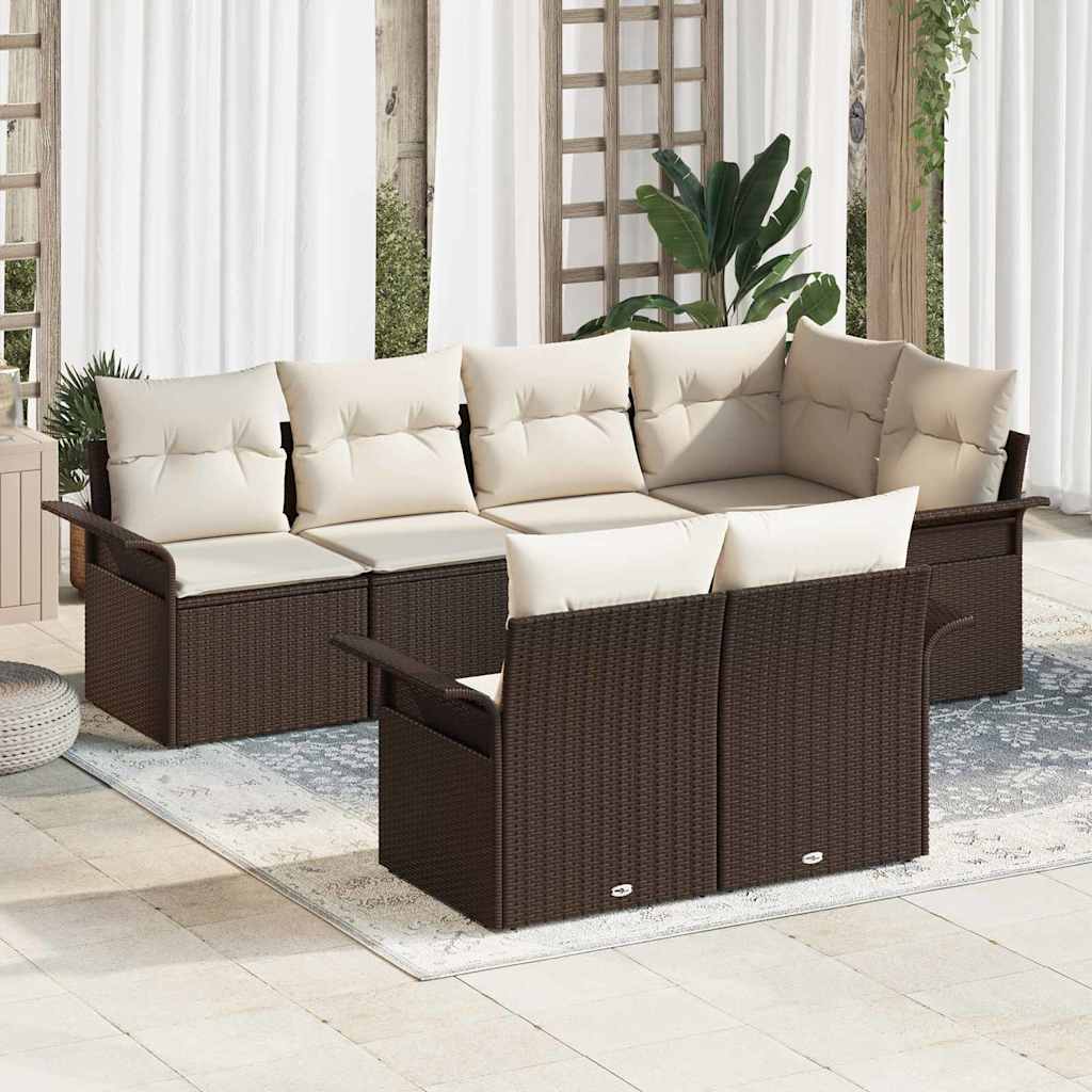 Conjunto de Sofá de Jardim com almofada 7 pcs Castanho vime PE