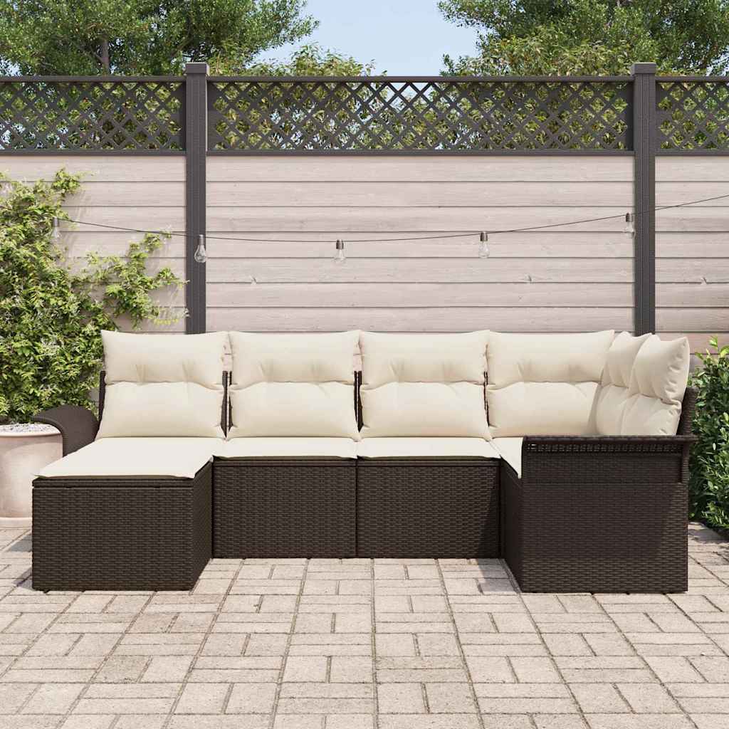 Conjunto de Sofá de Jardim com almofada 6 pcs Castanho vime PE
