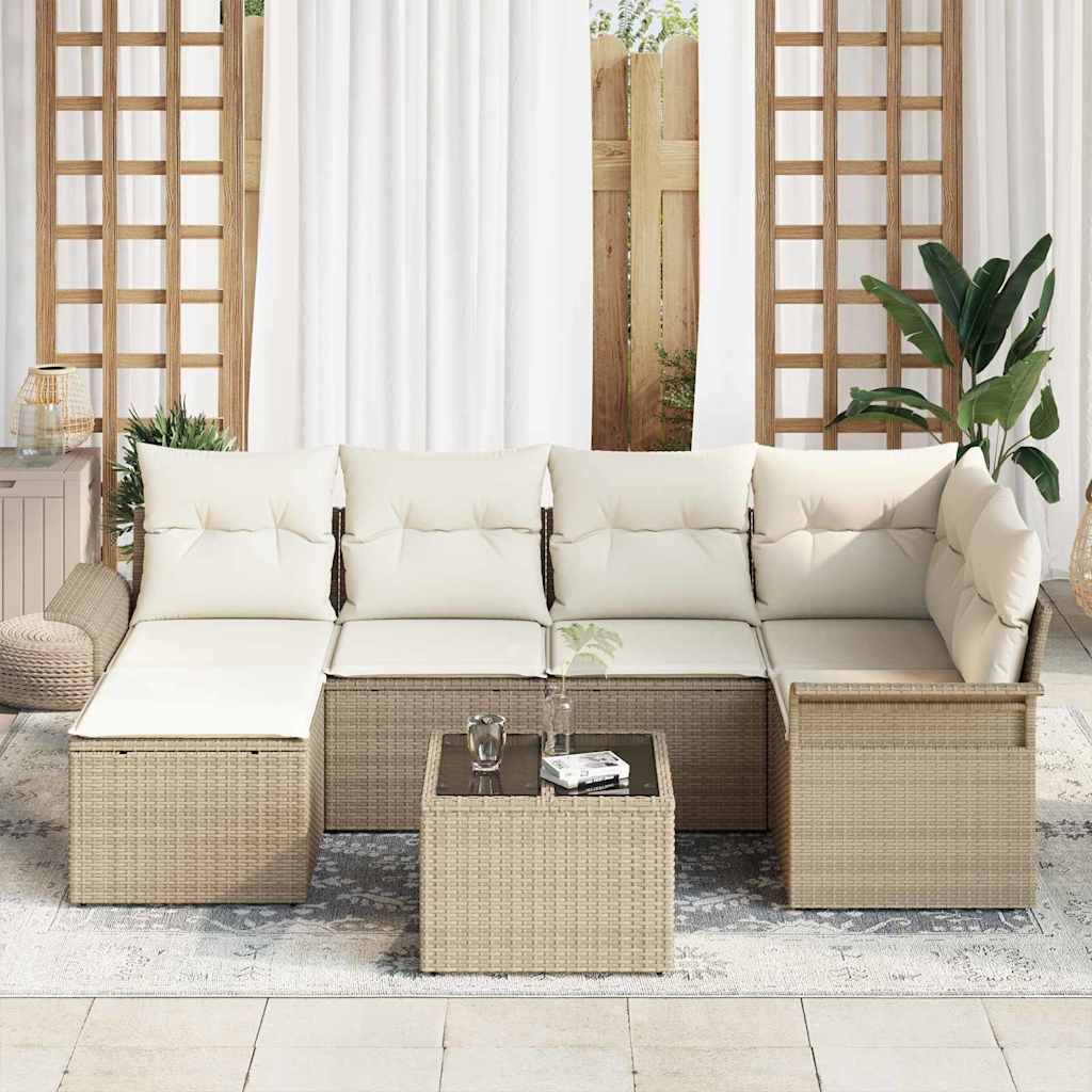 Conjunto de Sofá de Jardim com almofada 7 pcs Bege vime PE