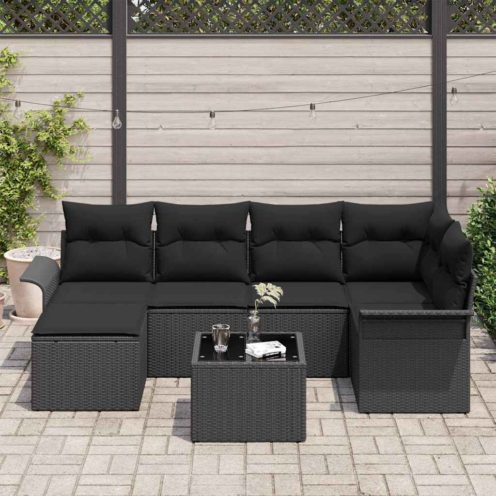 Conjunto de Sofá de Jardim com almofada 7 pcs Preto vime PE