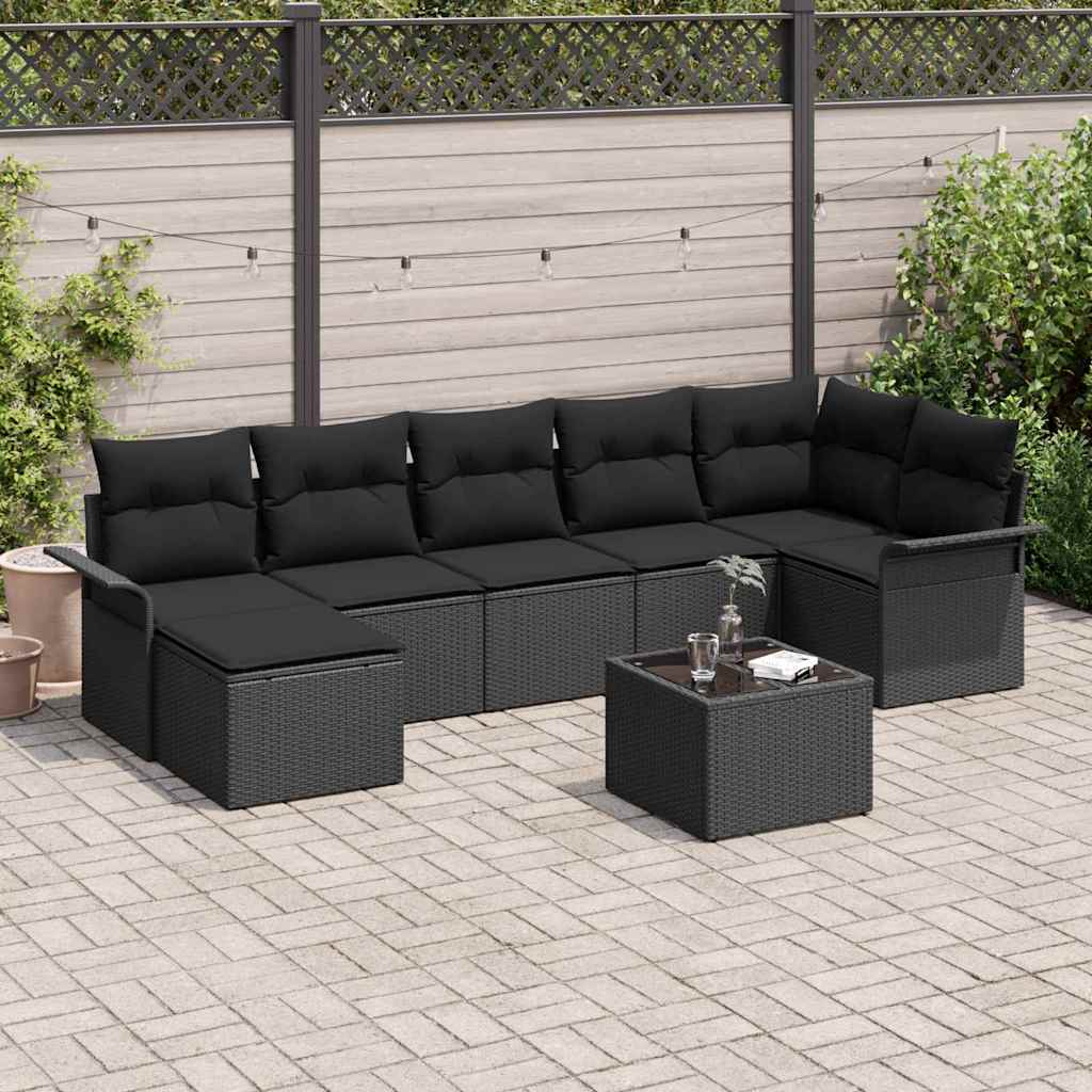 Conjunto de Sofá de Jardim com almofada 8 pcs Preto vime PE